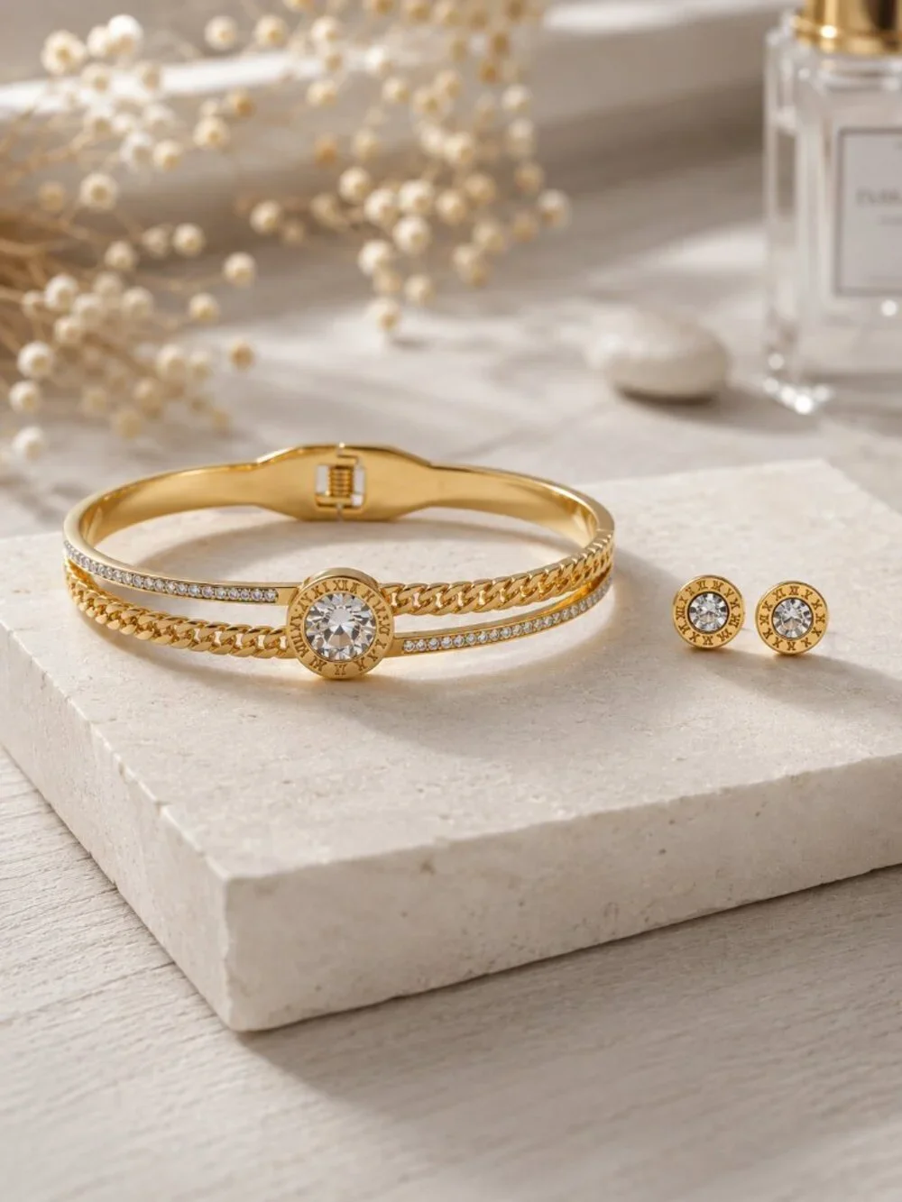 18K Gold Plated 316L Steel CZ Bangle Stud Earring Set Roman Numeral Cuban 2.4